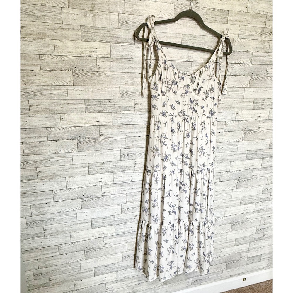 Trixxi Womens‎ Medium Floral Tiered Maxi Dress White Purple Tie Shoulder Smocked - Picture 6 of 12